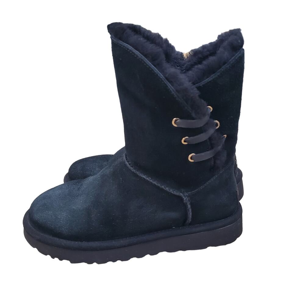 UGG Constantine Genuine Lamb Shearling Black Lace Up Boots Women's Size 6 US